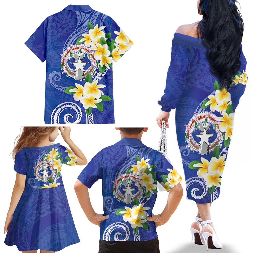 Northern Mariana Islands Chamorro Family Matching Off The Shoulder Long Sleeve Dress and Hawaiian Shirt Plumeria Curves Style Navy Version
