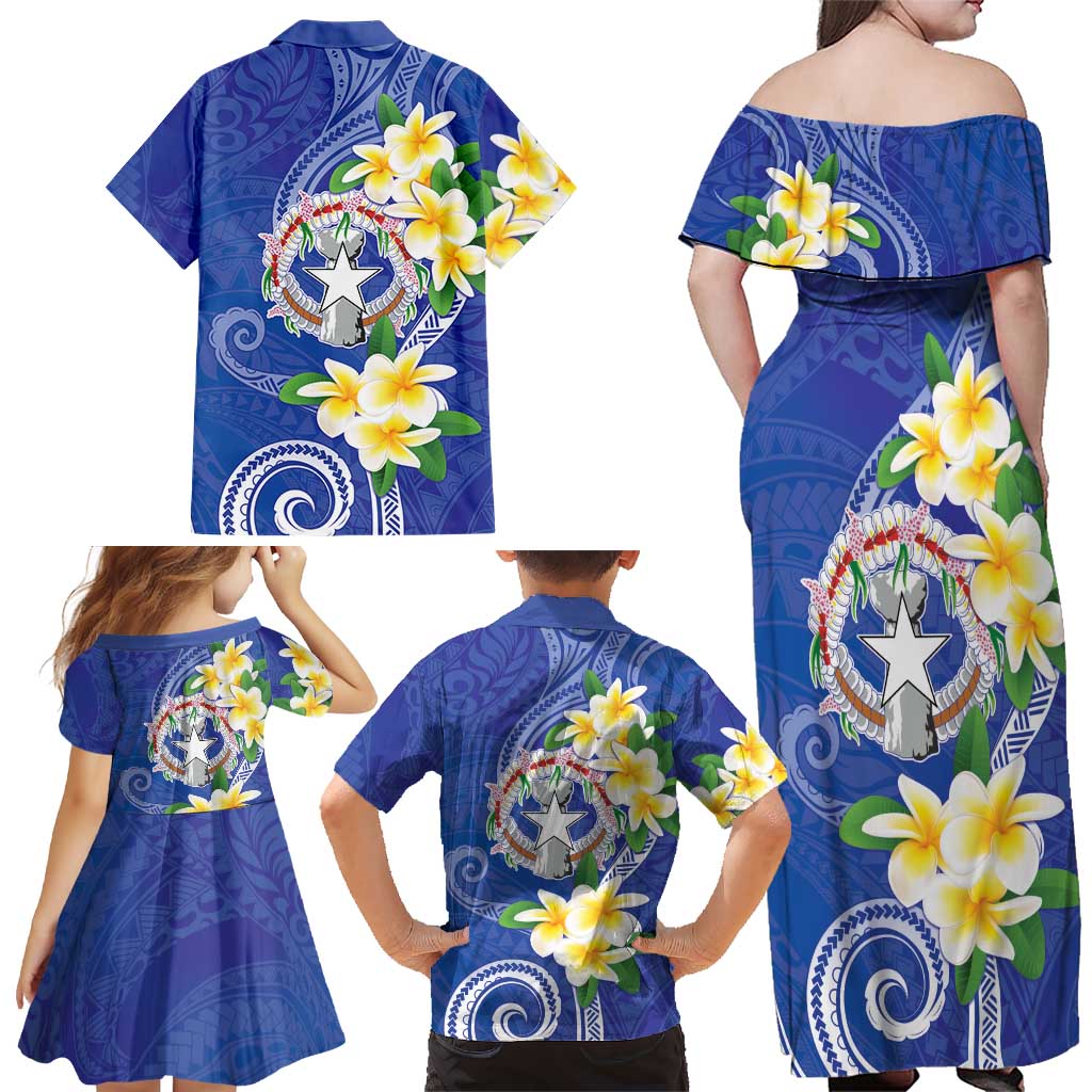 Northern Mariana Islands Chamorro Family Matching Off Shoulder Maxi Dress and Hawaiian Shirt Plumeria Curves Style Navy Version