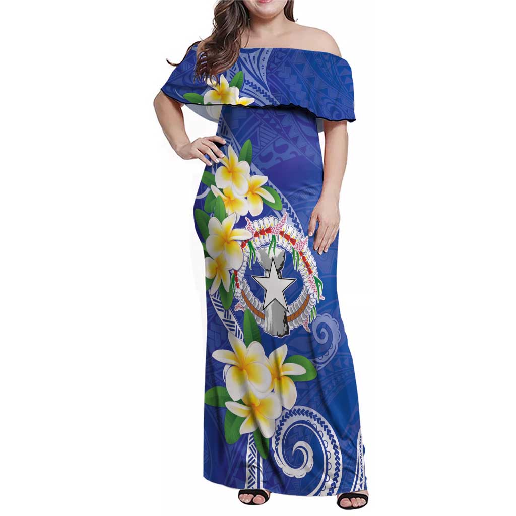 Northern Mariana Islands Chamorro Family Matching Off Shoulder Maxi Dress and Hawaiian Shirt Plumeria Curves Style Navy Version