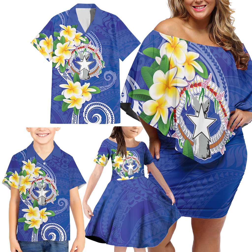 Northern Mariana Islands Chamorro Family Matching Off Shoulder Short Dress and Hawaiian Shirt Plumeria Curves Style Navy Version