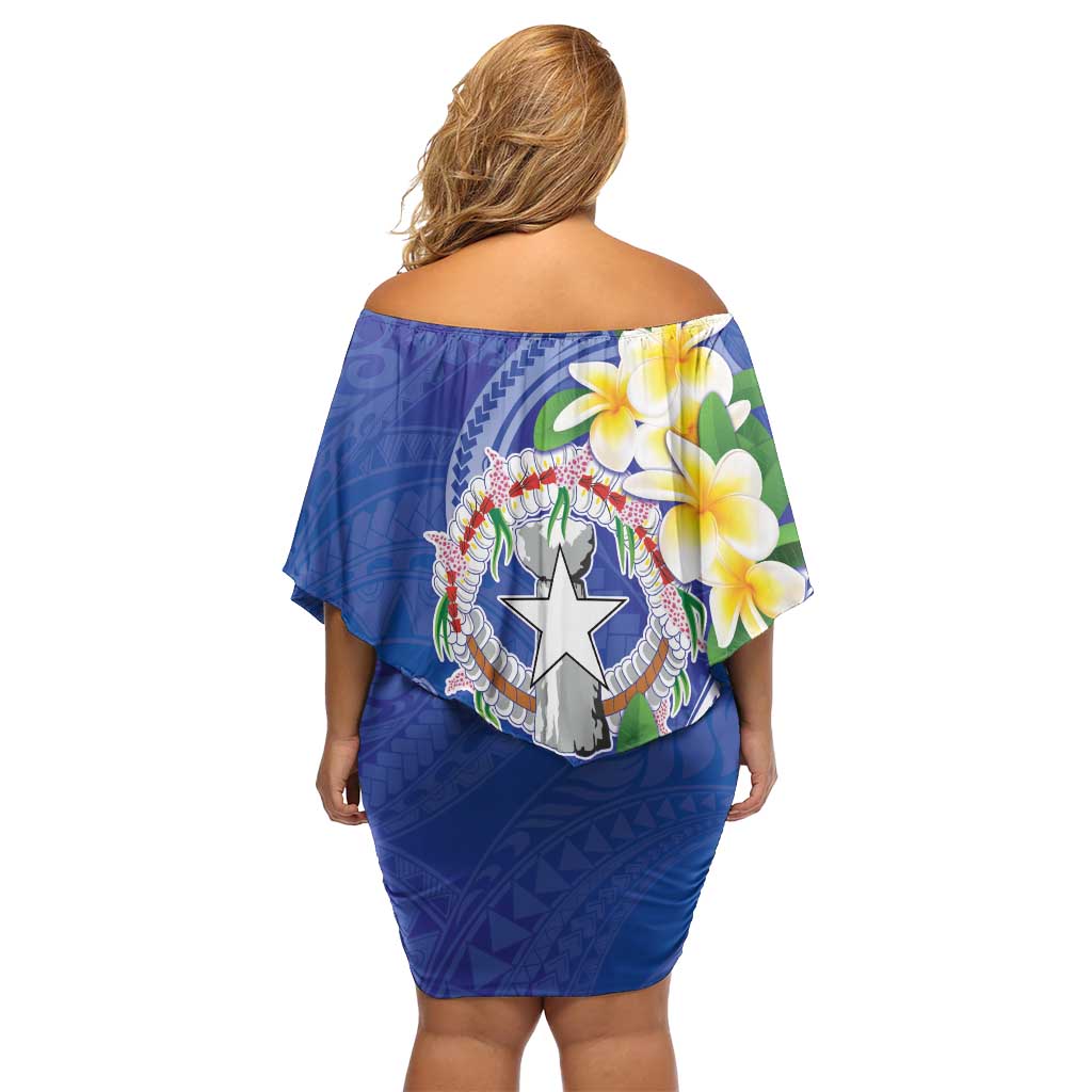 Northern Mariana Islands Chamorro Family Matching Off Shoulder Short Dress and Hawaiian Shirt Plumeria Curves Style Navy Version