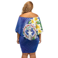 Northern Mariana Islands Chamorro Family Matching Off Shoulder Short Dress and Hawaiian Shirt Plumeria Curves Style Navy Version