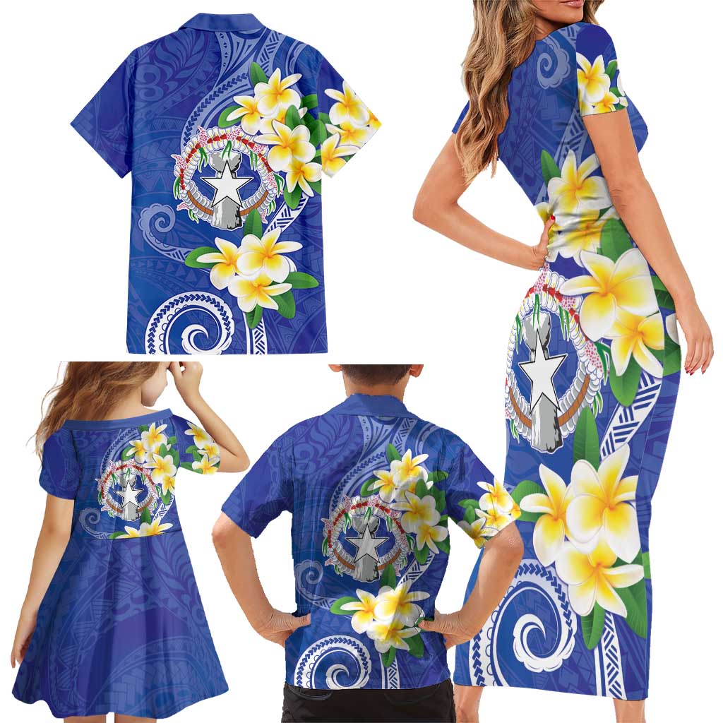 Northern Mariana Islands Chamorro Family Matching Short Sleeve Bodycon Dress and Hawaiian Shirt Plumeria Curves Style Navy Version