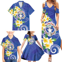 Northern Mariana Islands Chamorro Family Matching Summer Maxi Dress and Hawaiian Shirt Plumeria Curves Style Navy Version