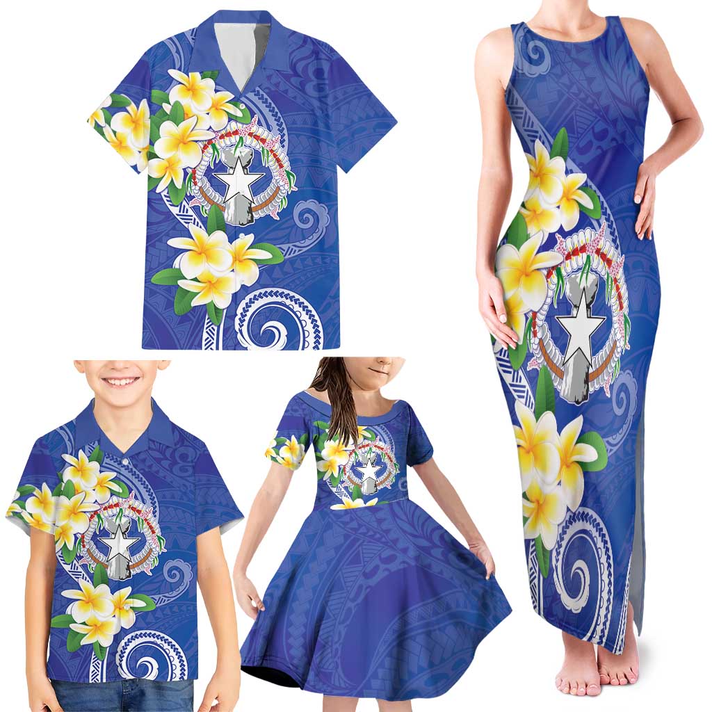 Northern Mariana Islands Chamorro Family Matching Tank Maxi Dress and Hawaiian Shirt Plumeria Curves Style Navy Version LT05 - Polynesian Pride