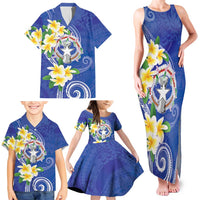 Northern Mariana Islands Chamorro Family Matching Tank Maxi Dress and Hawaiian Shirt Plumeria Curves Style Navy Version LT05 - Polynesian Pride