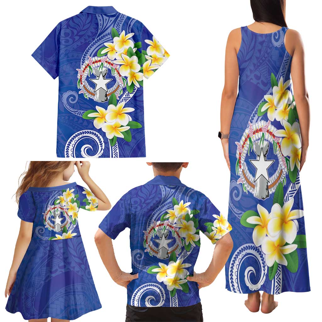 Northern Mariana Islands Chamorro Family Matching Tank Maxi Dress and Hawaiian Shirt Plumeria Curves Style Navy Version LT05 - Polynesian Pride