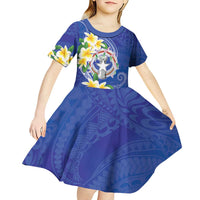 Northern Mariana Islands Chamorro Kid Short Sleeve Dress Plumeria Curves Style Navy Version