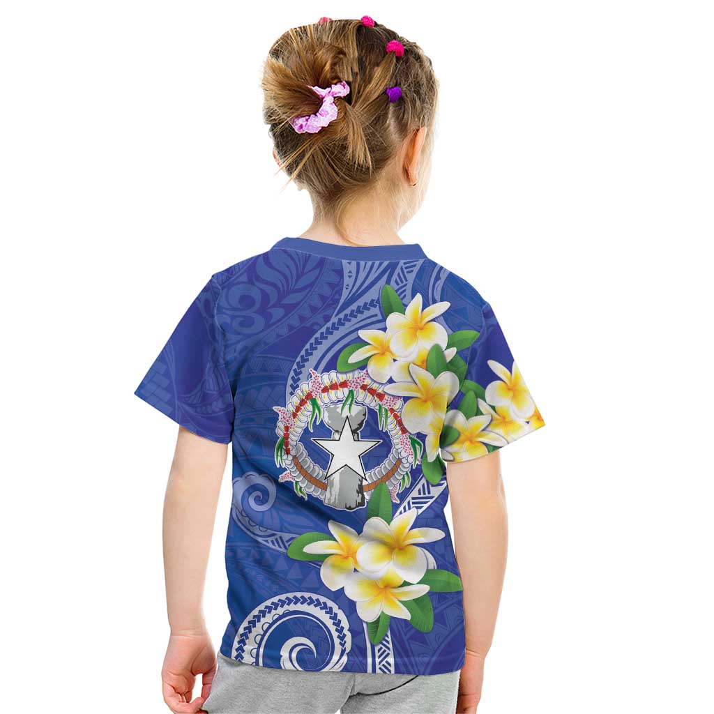 Northern Mariana Islands Chamorro Kid T Shirt Plumeria Curves Style Navy Version