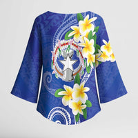 Northern Mariana Islands Chamorro Kimono Sleeve Blouse Plumeria Curves Style Navy Version LT05 - Polynesian Pride