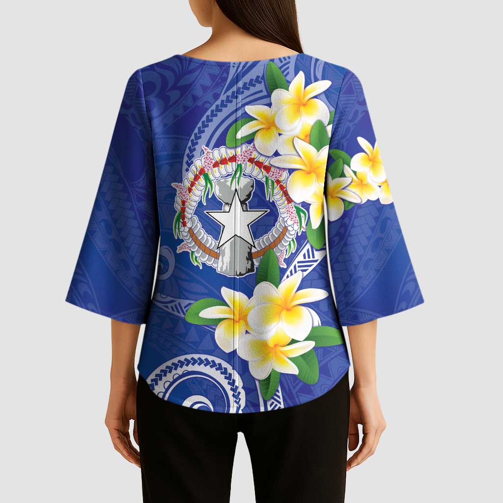 Northern Mariana Islands Chamorro Kimono Sleeve Blouse Plumeria Curves Style Navy Version LT05 - Polynesian Pride
