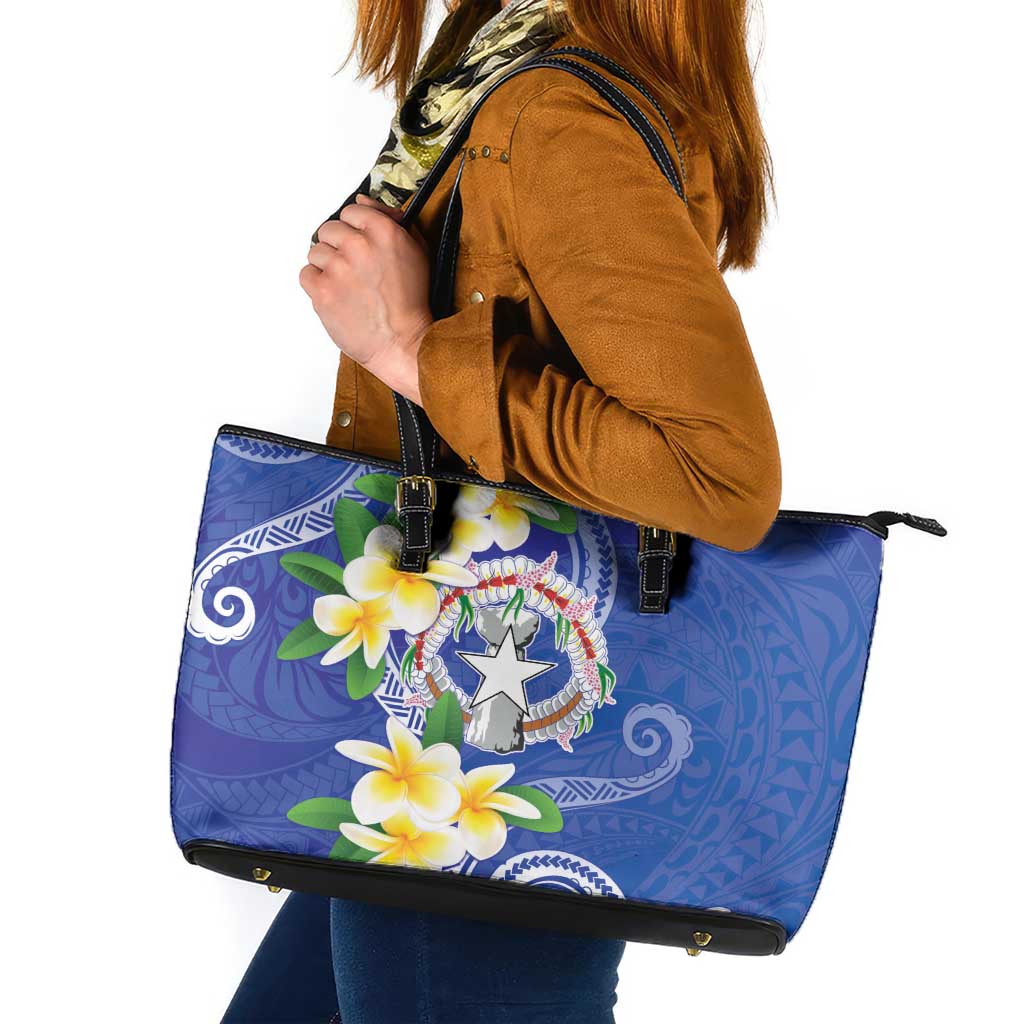 Northern Mariana Islands Chamorro Leather Tote Bag Plumeria Curves Style Navy Version LT05 Navy - Polynesian Pride