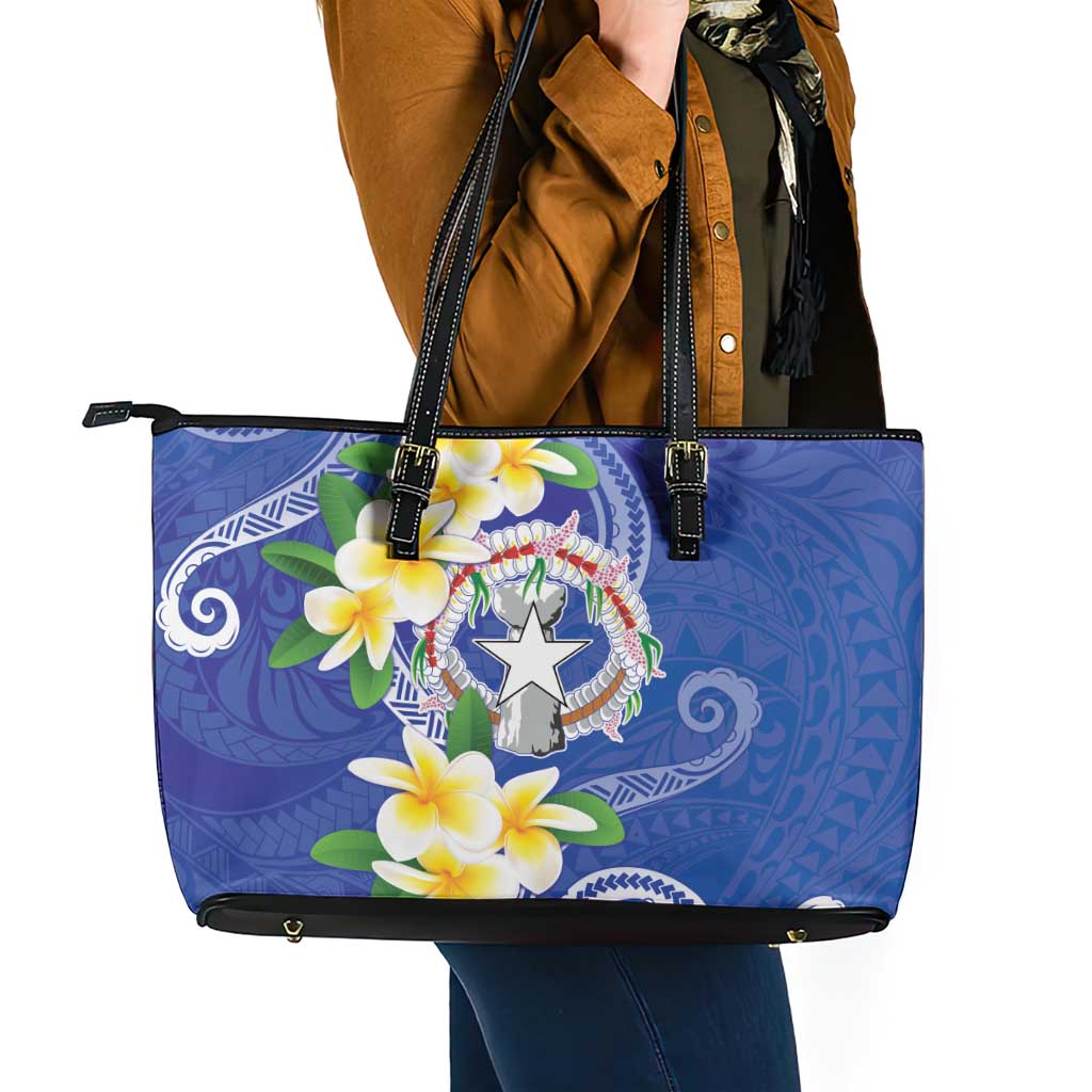 Northern Mariana Islands Chamorro Leather Tote Bag Plumeria Curves Style Navy Version LT05 - Polynesian Pride