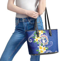 Northern Mariana Islands Chamorro Leather Tote Bag Plumeria Curves Style Navy Version LT05 - Polynesian Pride