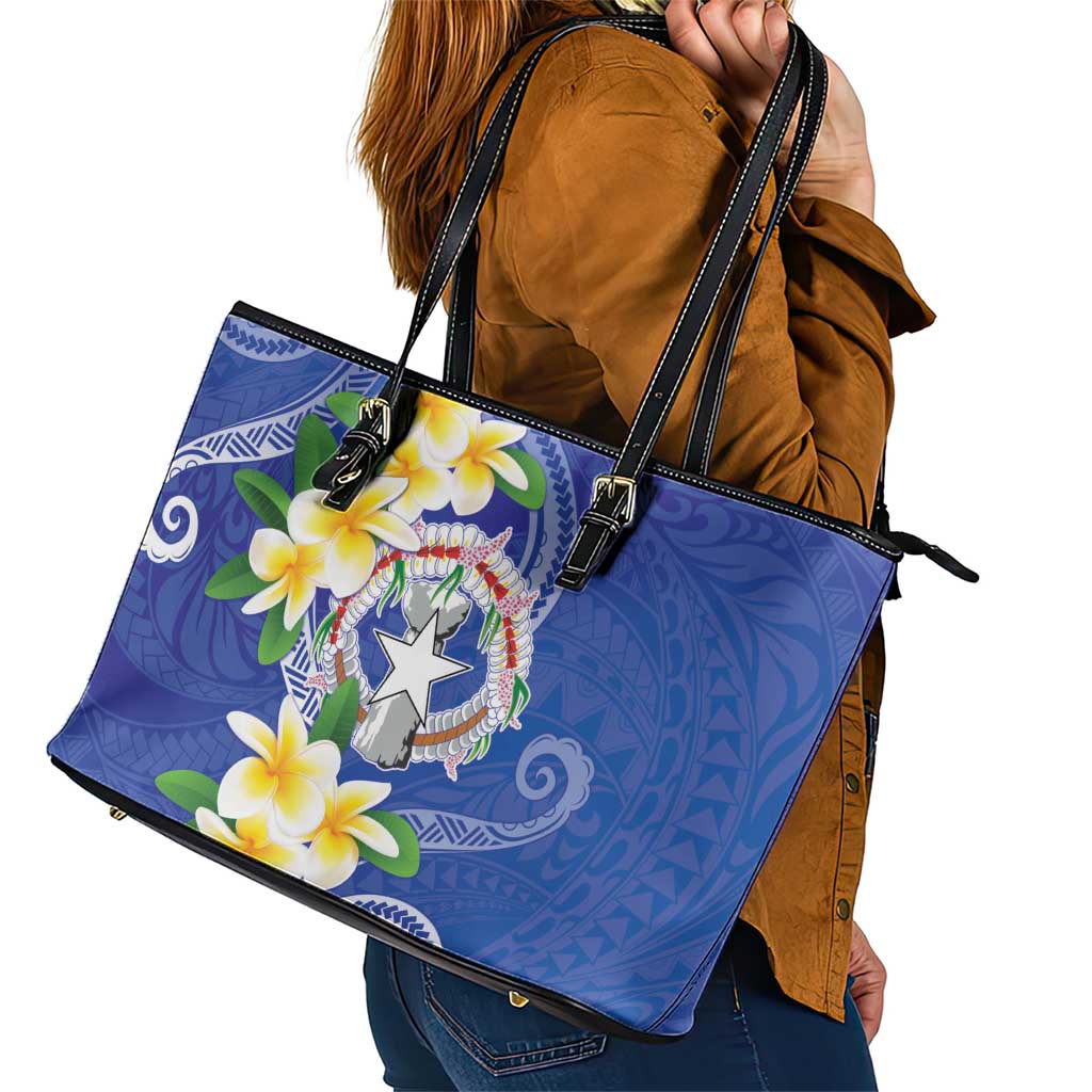 Northern Mariana Islands Chamorro Leather Tote Bag Plumeria Curves Style Navy Version LT05 - Polynesian Pride