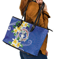 Northern Mariana Islands Chamorro Leather Tote Bag Plumeria Curves Style Navy Version LT05 - Polynesian Pride