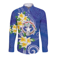 Northern Mariana Islands Chamorro Long Sleeve Button Shirt Plumeria Curves Style Navy Version