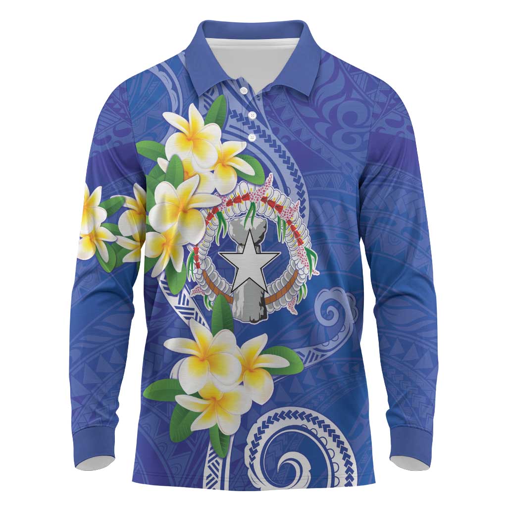 Northern Mariana Islands Chamorro Long Sleeve Polo Shirt Plumeria Curves Style Navy Version