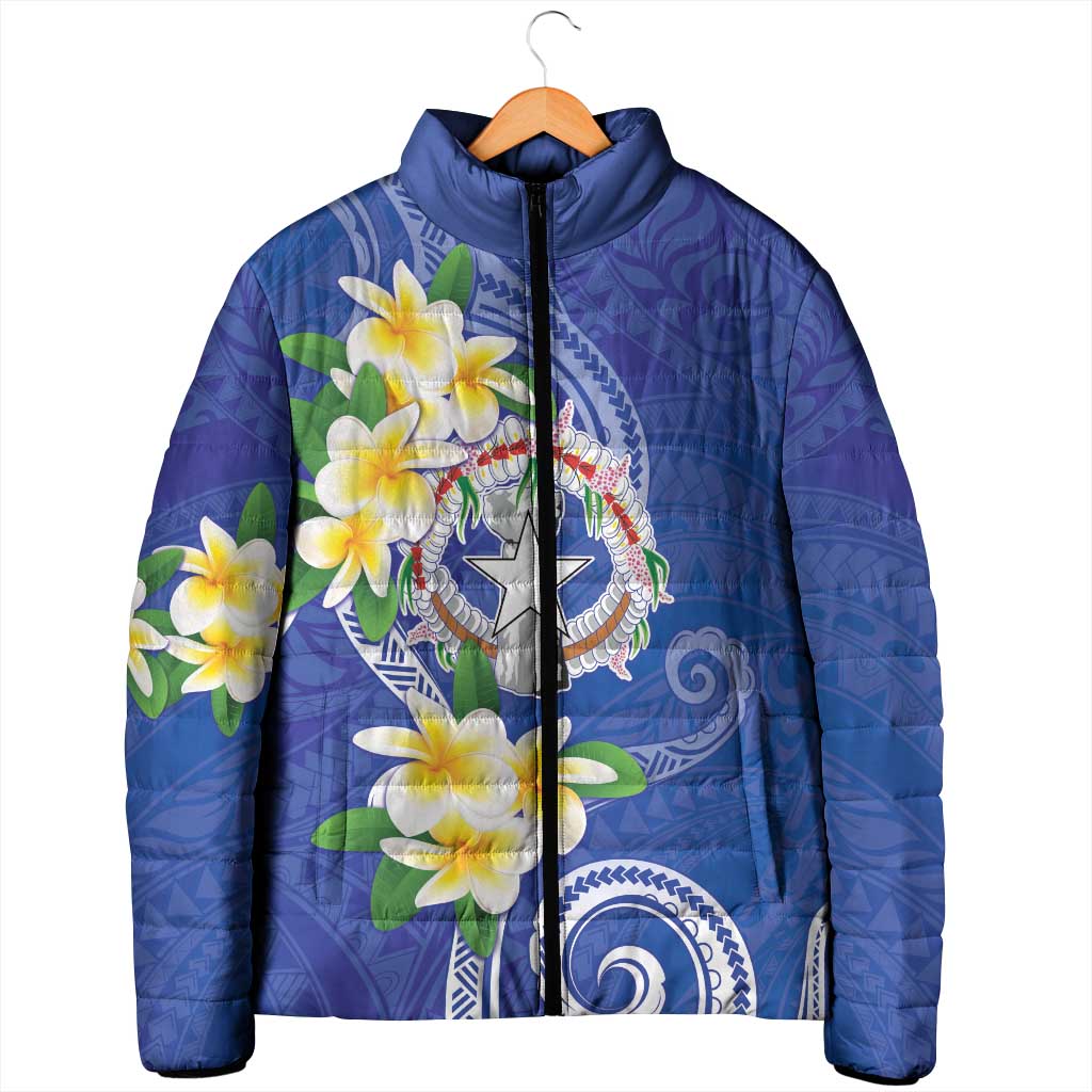 Northern Mariana Islands Chamorro Padded Jacket Plumeria Curves Style Navy Version