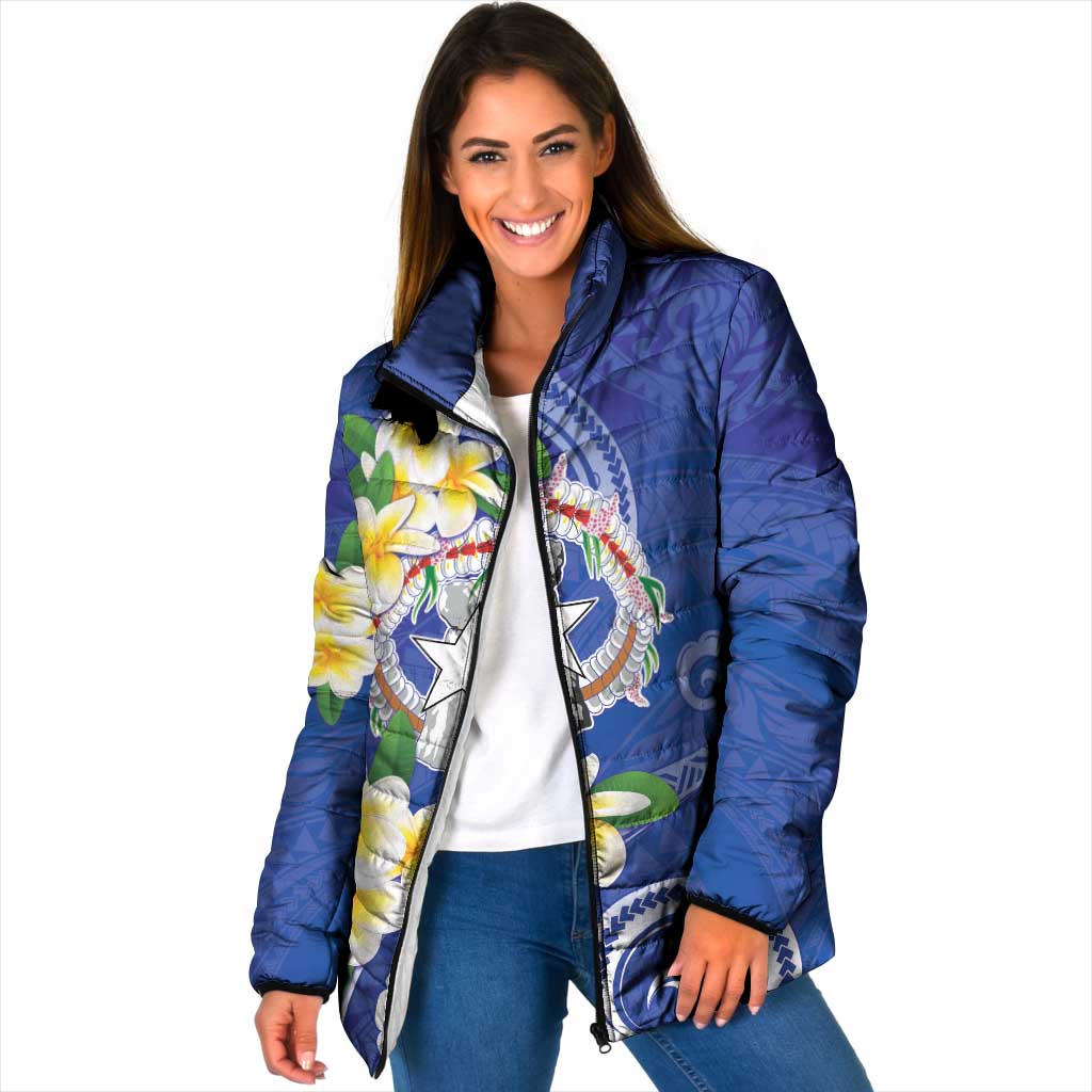 Northern Mariana Islands Chamorro Padded Jacket Plumeria Curves Style Navy Version