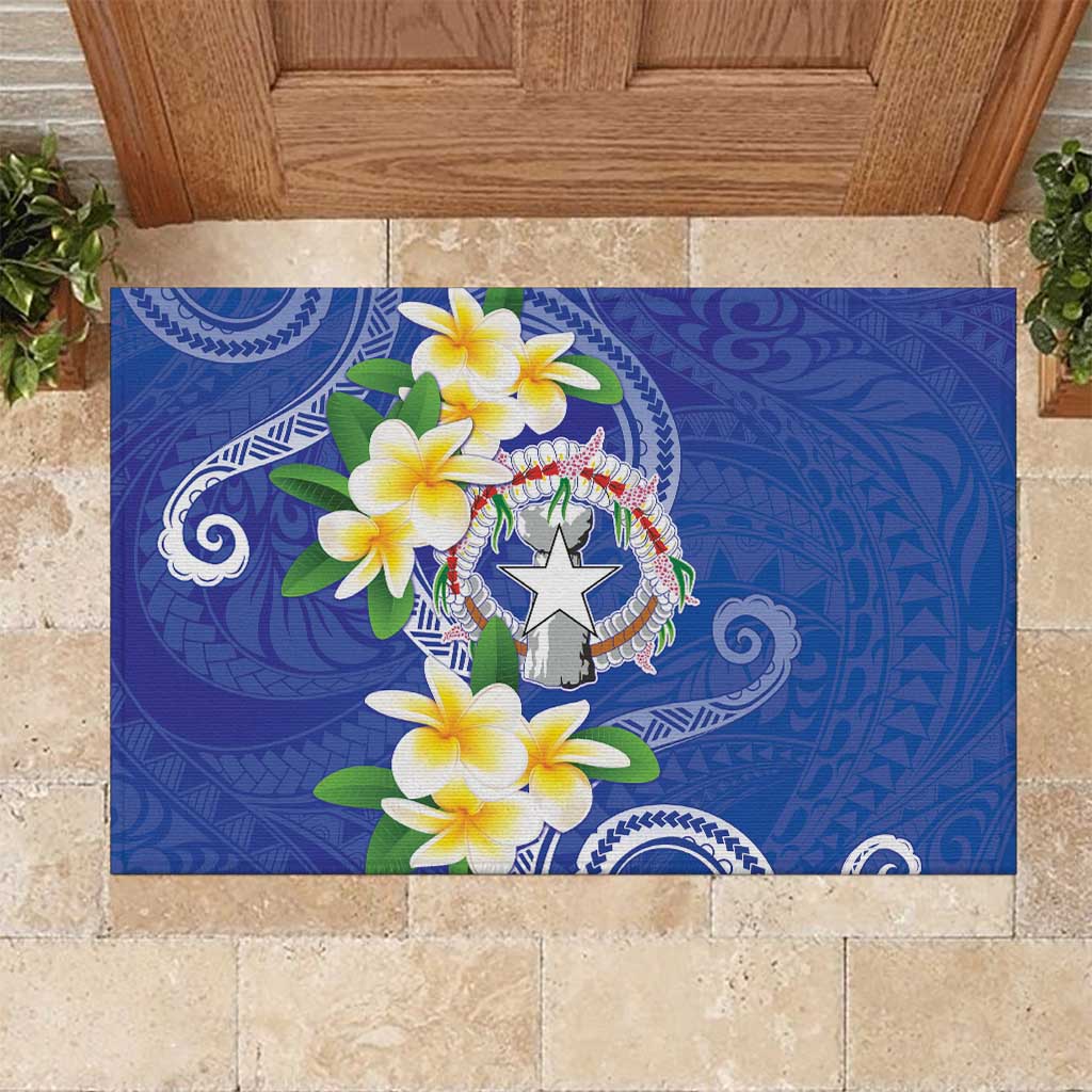 Northern Mariana Islands Chamorro Rubber Doormat Plumeria Curves Style Navy Version