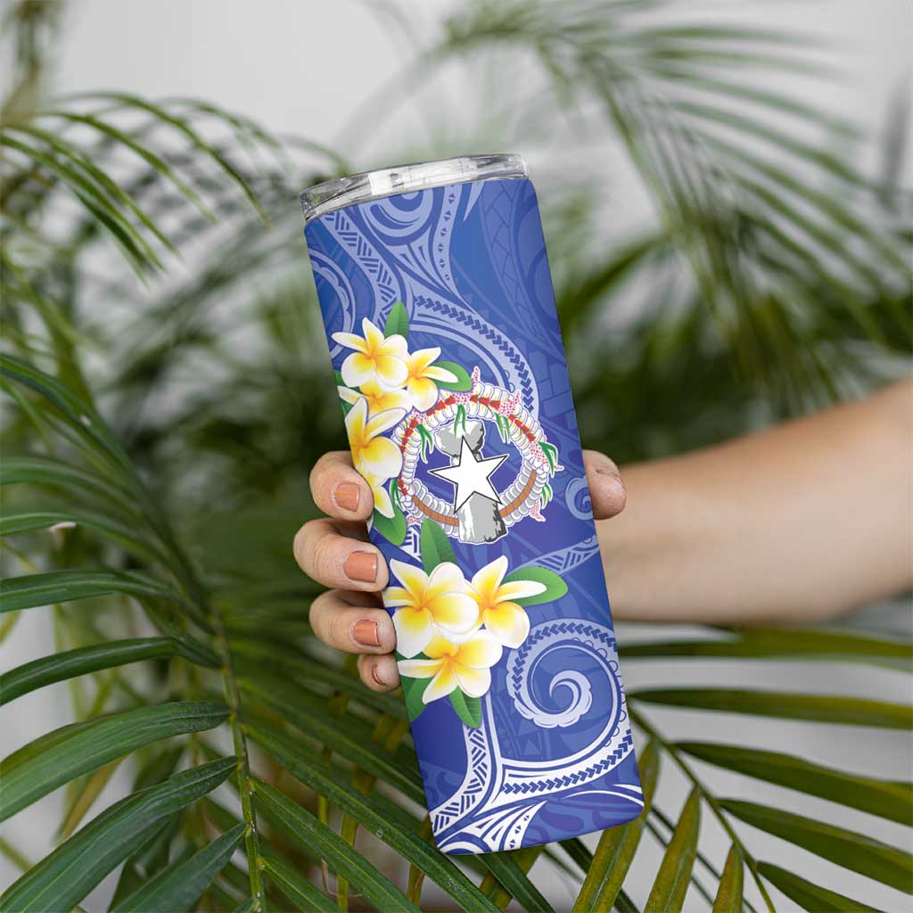 Northern Mariana Islands Chamorro Skinny Tumbler Plumeria Curves Style Navy Version LT05 - Polynesian Pride