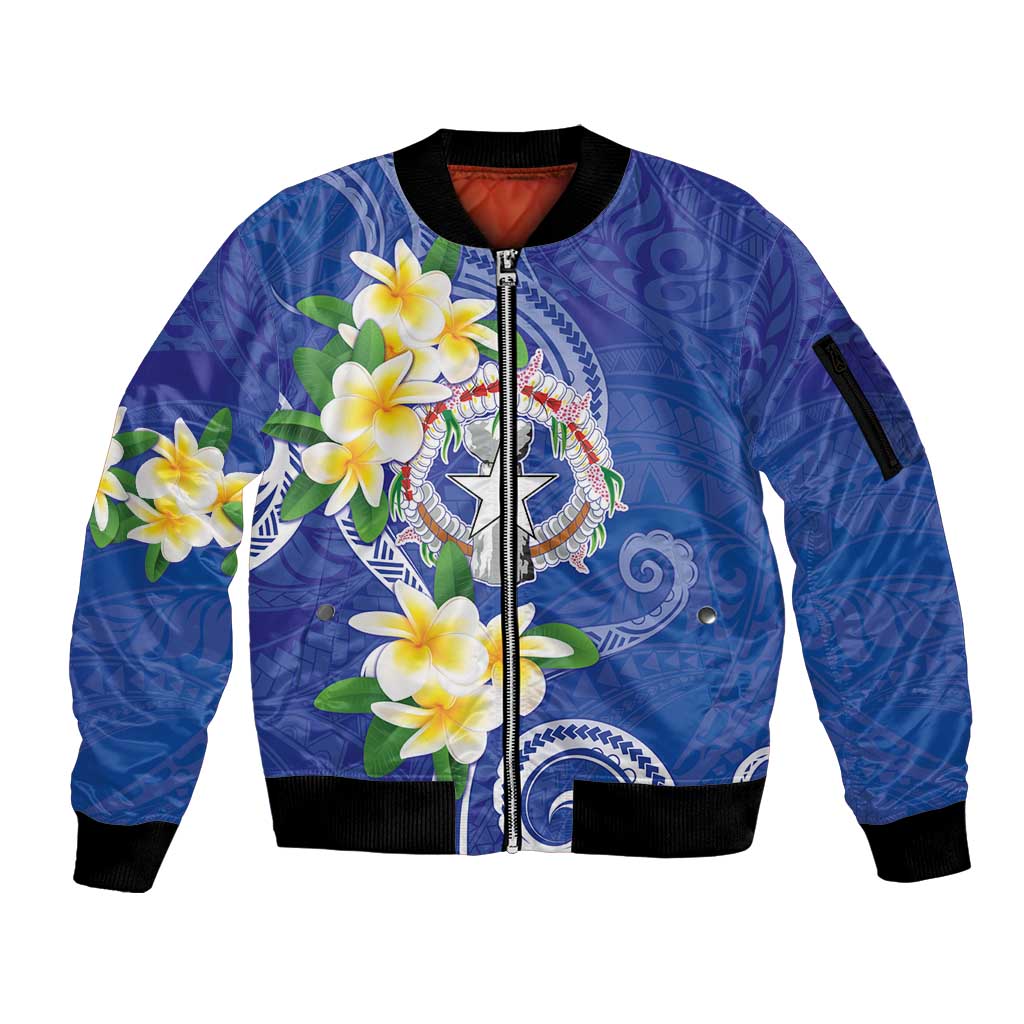 Northern Mariana Islands Chamorro Sleeve Zip Bomber Jacket Plumeria Curves Style Navy Version LT05 Unisex Navy - Polynesian Pride
