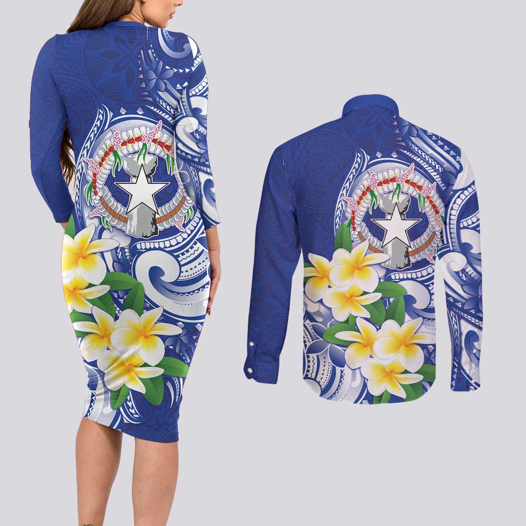 Northern Mariana Islands Couples Matching Long Sleeve Bodycon Dress and Long Sleeve Button Shirt Polynesian Pattern With Frangipani