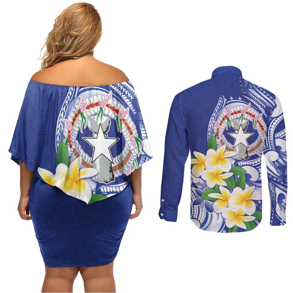 Northern Mariana Islands Couples Matching Off Shoulder Short Dress and Long Sleeve Button Shirt Polynesian Pattern With Frangipani