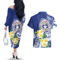 Northern Mariana Islands Couples Matching Off The Shoulder Long Sleeve Dress and Hawaiian Shirt Polynesian Pattern With Frangipani