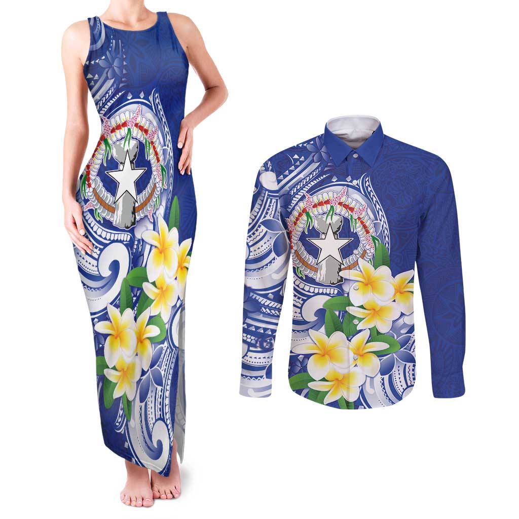 Northern Mariana Islands Couples Matching Tank Maxi Dress and Long Sleeve Button Shirt Polynesian Pattern With Frangipani
