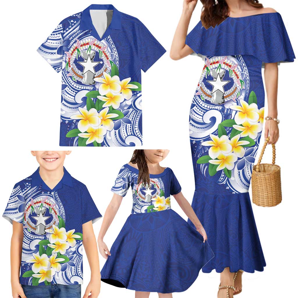 Northern Mariana Islands Family Matching Mermaid Dress and Hawaiian Shirt Polynesian Pattern With Frangipani