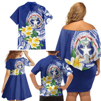 Northern Mariana Islands Family Matching Off Shoulder Short Dress and Hawaiian Shirt Polynesian Pattern With Frangipani
