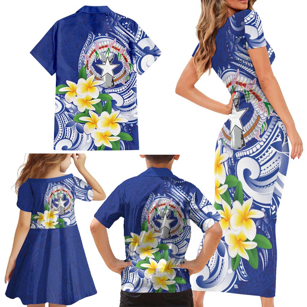 Northern Mariana Islands Family Matching Short Sleeve Bodycon Dress and Hawaiian Shirt Polynesian Pattern With Frangipani