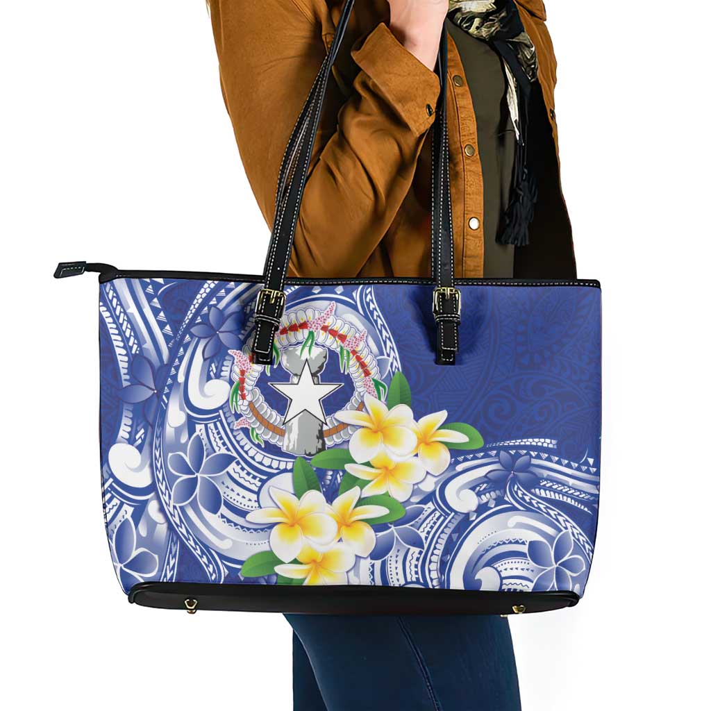 Northern Mariana Islands Leather Tote Bag Polynesian Pattern With Frangipani
