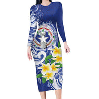 Northern Mariana Islands Long Sleeve Bodycon Dress Polynesian Pattern With Frangipani LT05 Long Dress Navy - Polynesian Pride