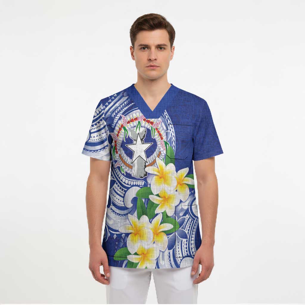 Northern Mariana Islands Scrub Top Polynesian Pattern With Frangipani