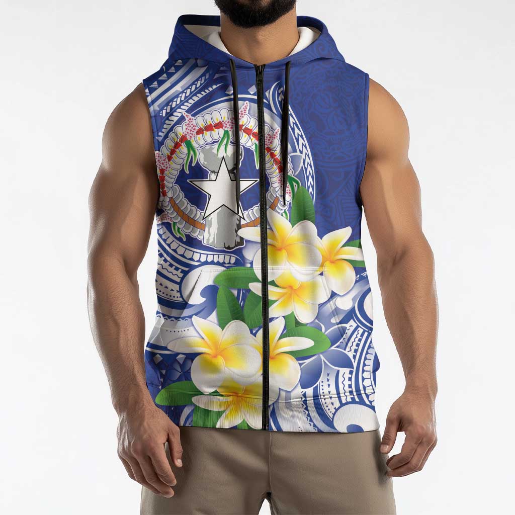 Northern Mariana Islands Sleeveless Zip Hoodie Polynesian Pattern With Frangipani