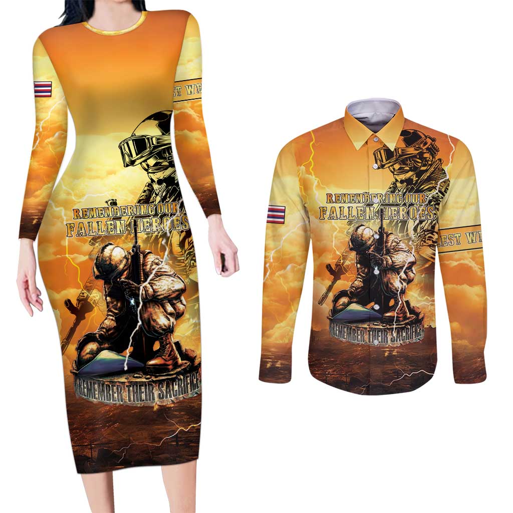 Hawaii Memorial Day Couples Matching Long Sleeve Bodycon Dress and Long Sleeve Button Shirt Remember Their Sacrifice LT05 Yellow - Polynesian Pride