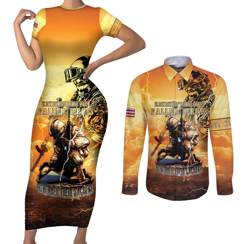 Hawaii Memorial Day Couples Matching Short Sleeve Bodycon Dress and Long Sleeve Button Shirt Remember Their Sacrifice LT05 Yellow - Polynesian Pride