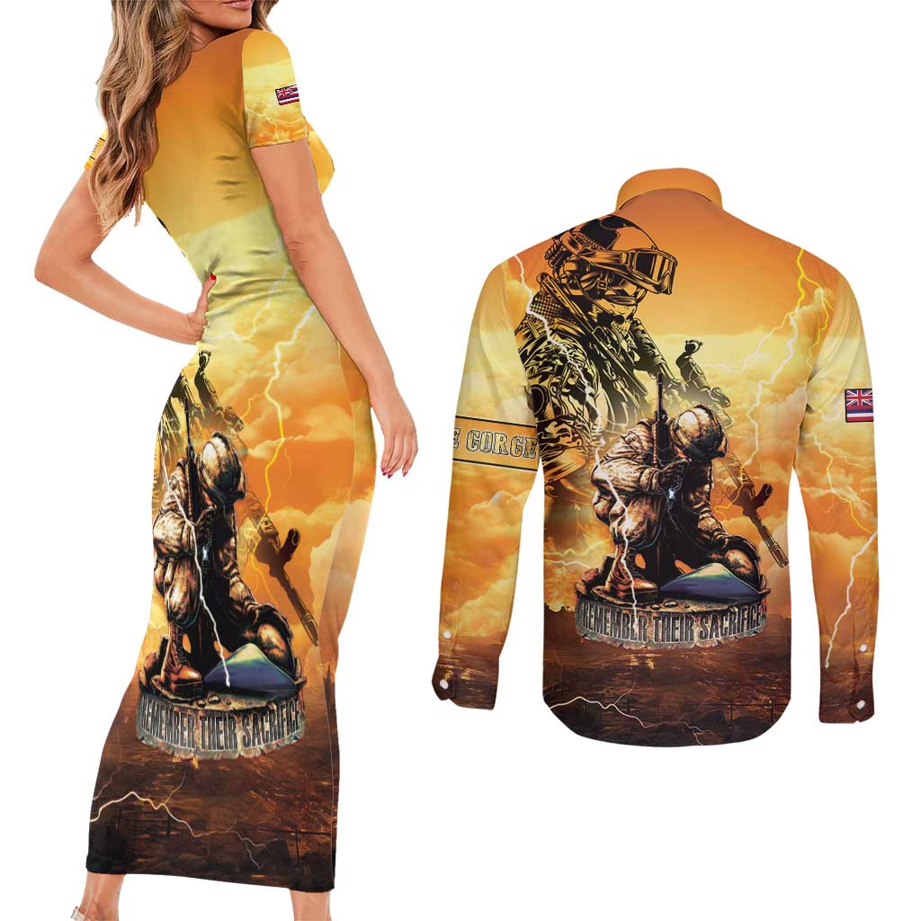 Hawaii Memorial Day Couples Matching Short Sleeve Bodycon Dress and Long Sleeve Button Shirt Remember Their Sacrifice LT05 - Polynesian Pride