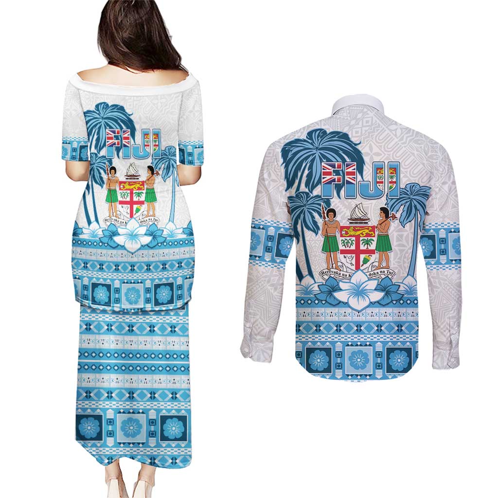 Fiji 679 Constitution Day Couples Matching Puletasi and Long Sleeve Button Shirt Fijian Tapa Pattern