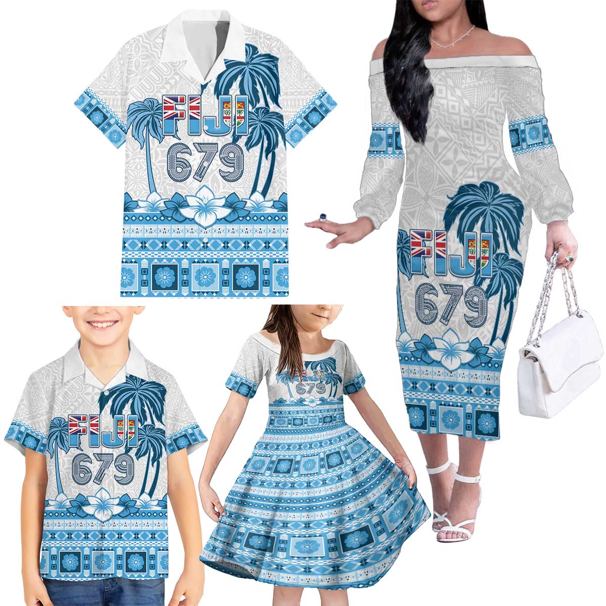 Fiji 679 Constitution Day Family Matching Off The Shoulder Long Sleeve Dress and Hawaiian Shirt Fijian Tapa Pattern