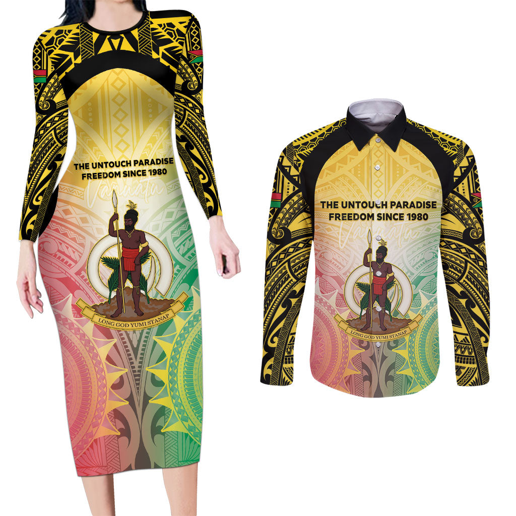 Vanuatu Independence Day Couples Matching Long Sleeve Bodycon Dress and Long Sleeve Button Shirt The Untouched Paradise