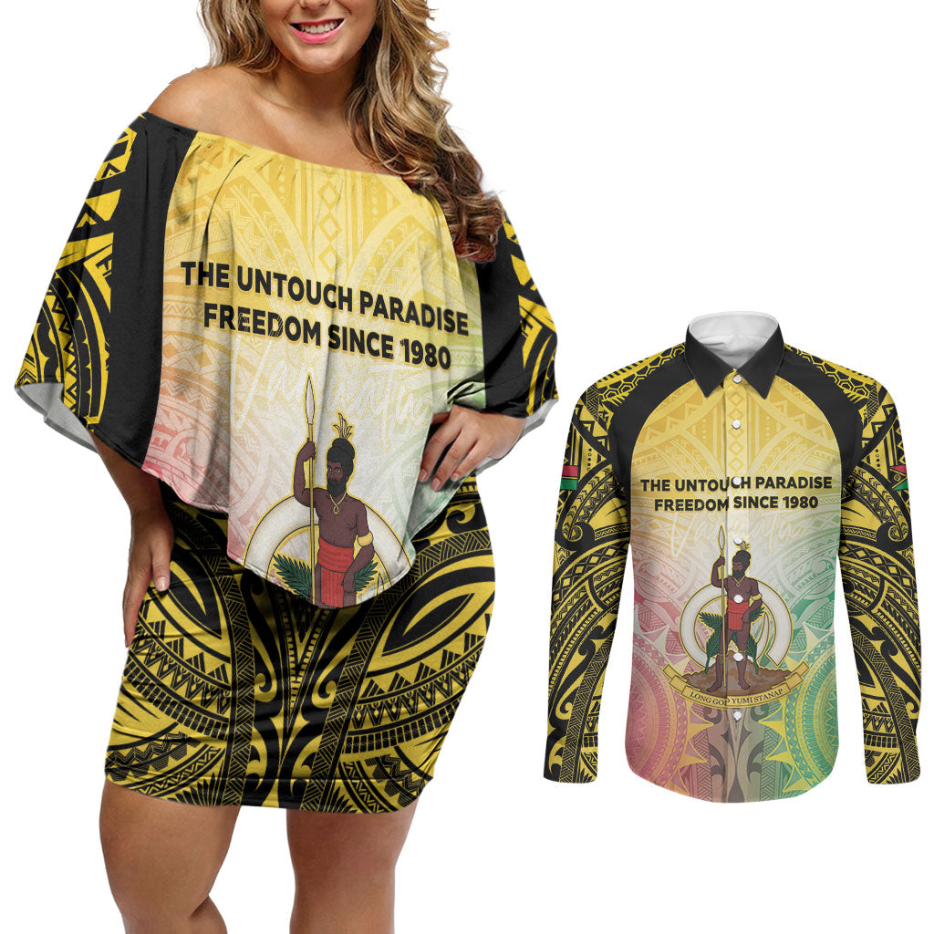Vanuatu Independence Day Couples Matching Off Shoulder Short Dress and Long Sleeve Button Shirt The Untouched Paradise LT05 Colorful - Polynesian Pride