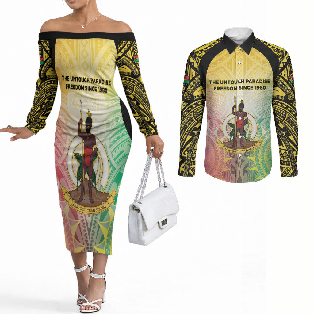Vanuatu Independence Day Couples Matching Off The Shoulder Long Sleeve Dress and Long Sleeve Button Shirt The Untouched Paradise LT05 Colorful - Polynesian Pride