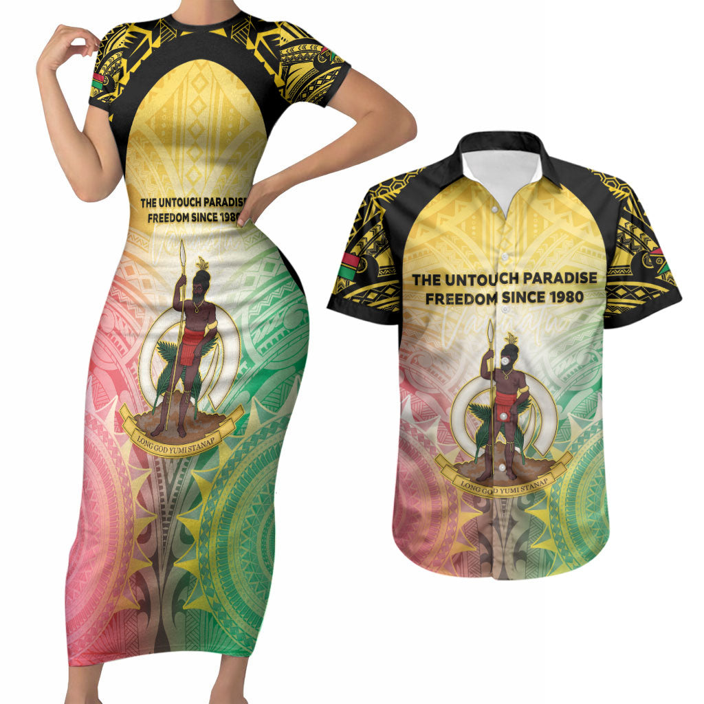 Vanuatu Independence Day Couples Matching Short Sleeve Bodycon Dress and Hawaiian Shirt The Untouched Paradise LT05 Colorful - Polynesian Pride