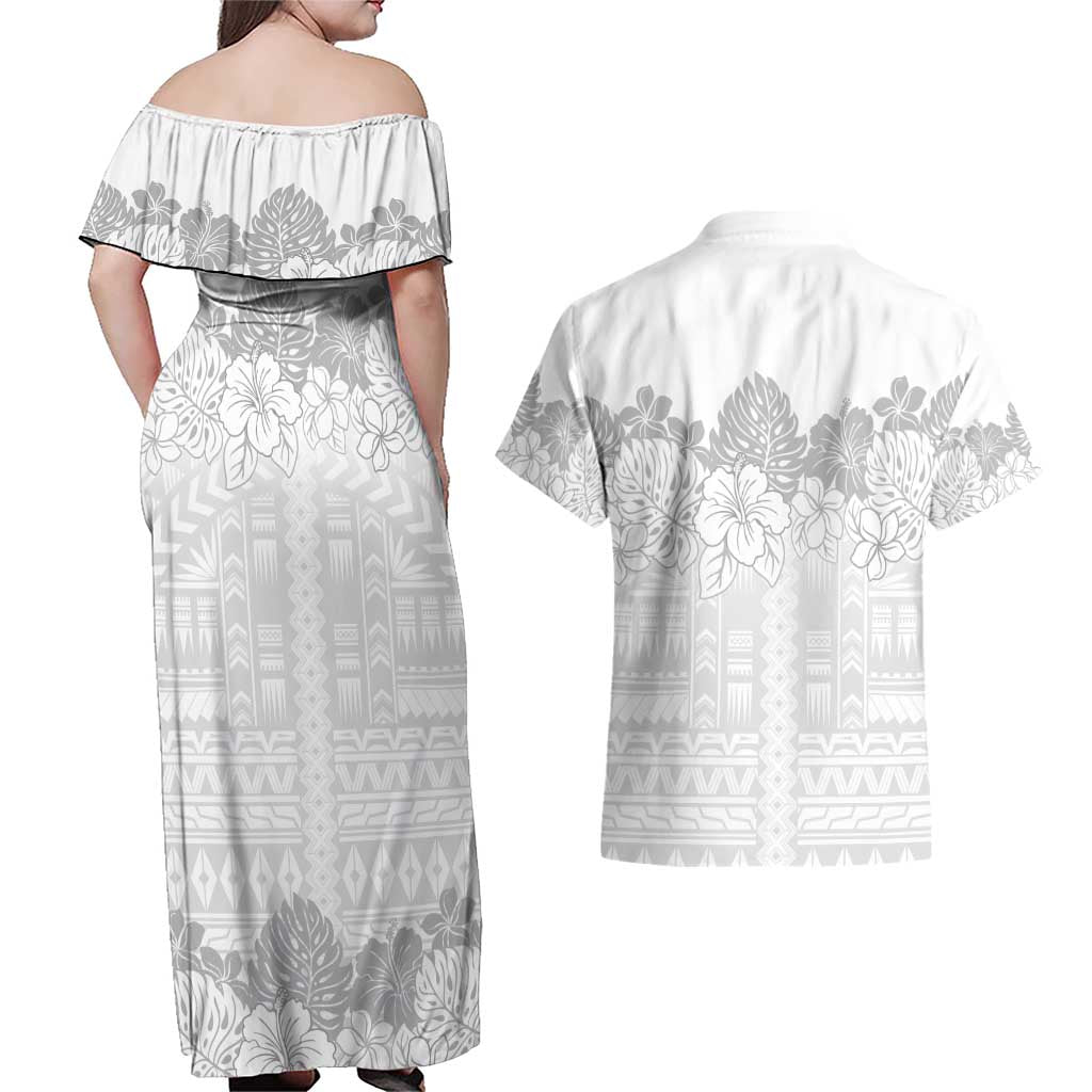 Samoa Lotu Tamaiti Couples Matching Off Shoulder Maxi Dress and Hawaiian Shirt White Sunday Polynesian Pattern With Tropical Flowers