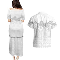 Samoa Lotu Tamaiti Couples Matching Puletasi and Hawaiian Shirt White Sunday Polynesian Pattern With Tropical Flowers