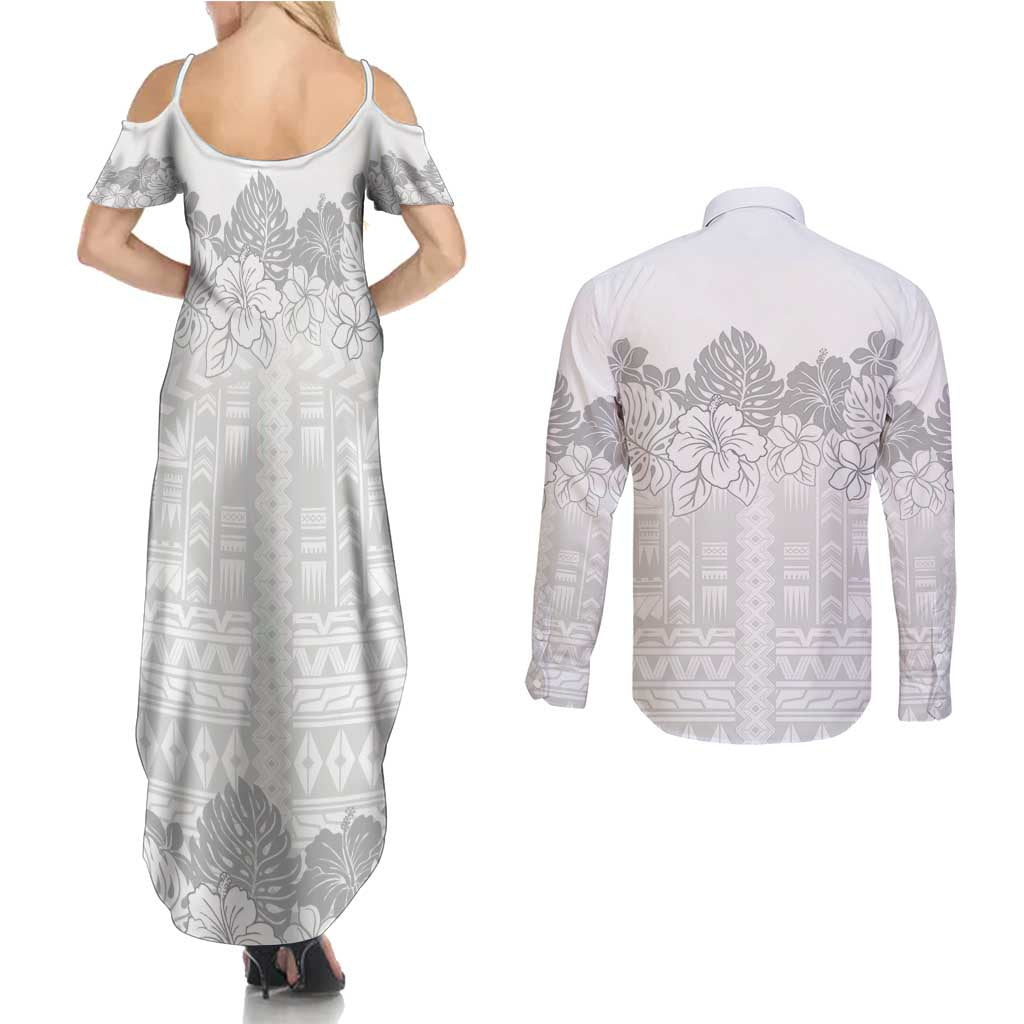 Samoa Lotu Tamaiti Couples Matching Summer Maxi Dress and Long Sleeve Button Shirt White Sunday Polynesian Pattern With Tropical Flowers
